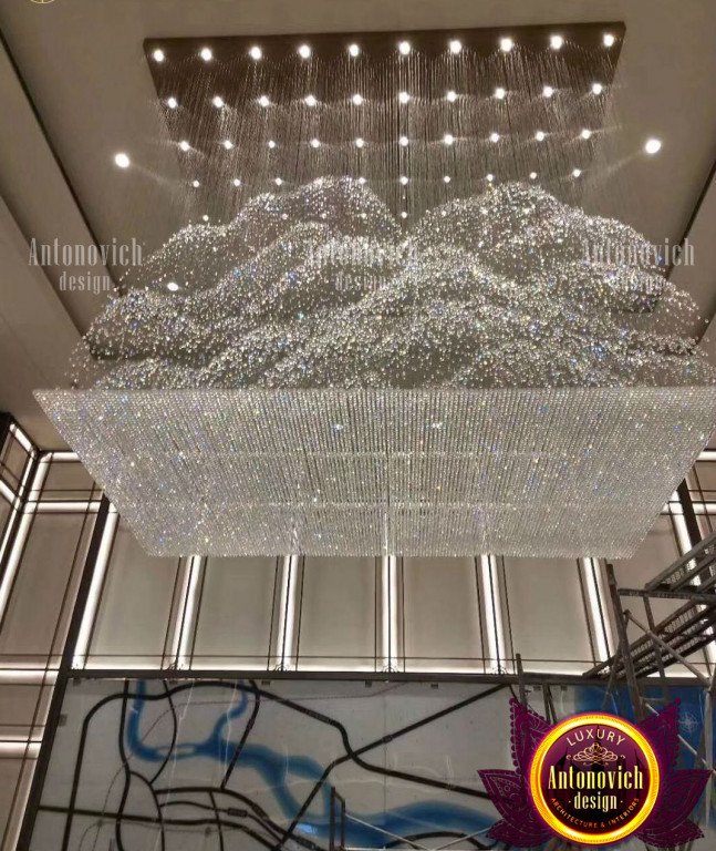 Sleek and stylish LED crystal chandelier in a high-ceiling room
