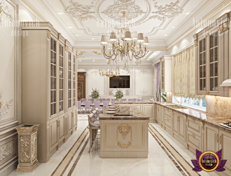 Elegant Neoclassical kitchen with marble countertops