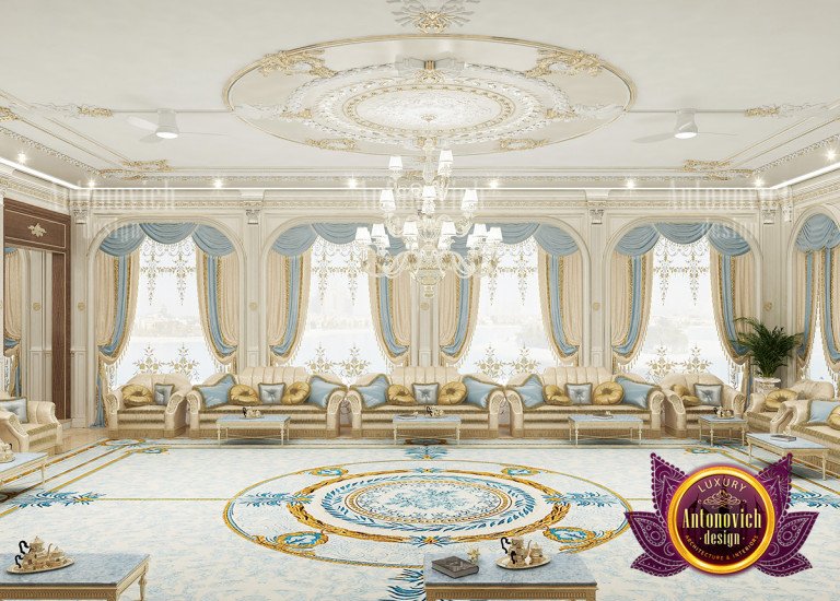 Traditional Majlis design featuring opulent chandeliers