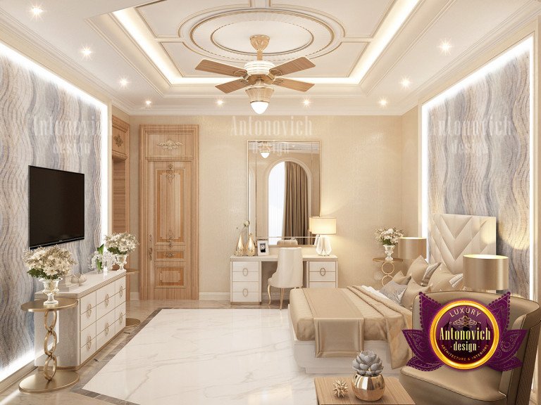 Luxurious bedroom with stylish decor and ample storage