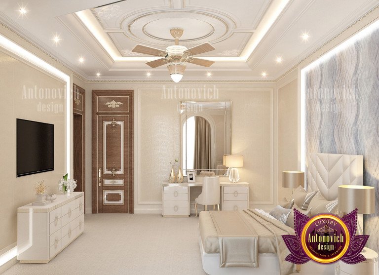 Luxurious bedroom with a cozy seating area and lavish drapery