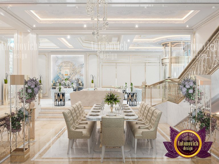 Luxurious dining room with a statement light fixture