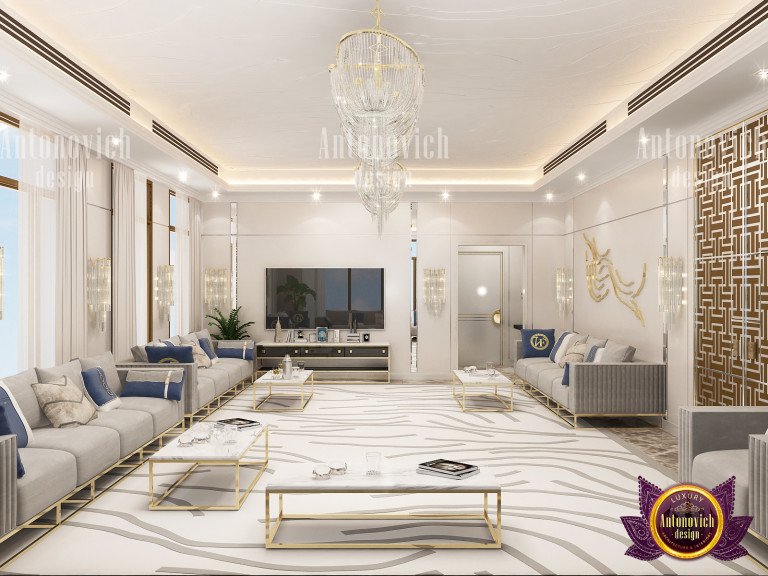 Modern Majlis design featuring unique lighting fixtures