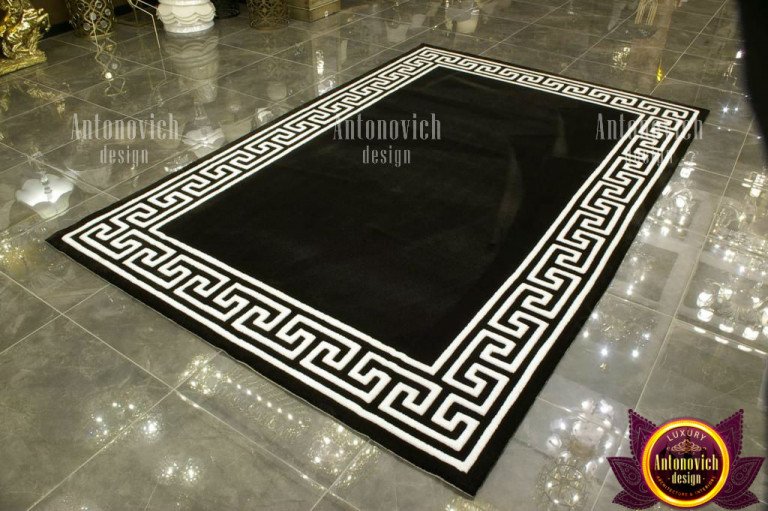 Eye-catching black and white carpet ornament in a chic interior