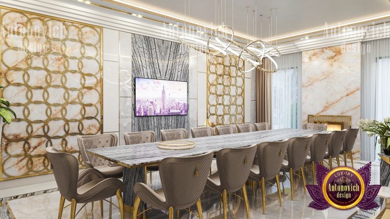 Sophisticated dining area featuring a statement art piece and modern lighting