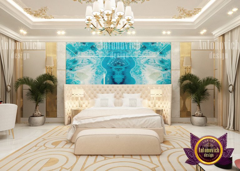 UAE luxury bedroom featuring a stunning chandelier