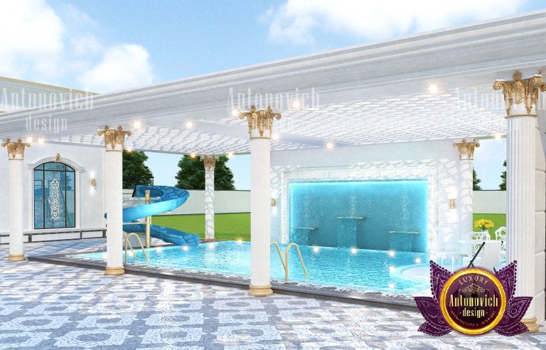 Custom-designed pool with a swim-up bar and built-in seating