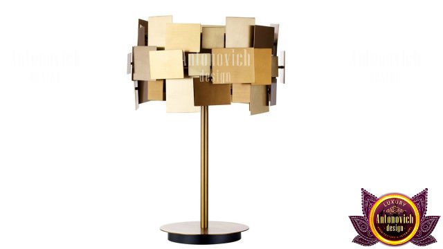 Modern geometric table lamp casting a warm glow in a living room