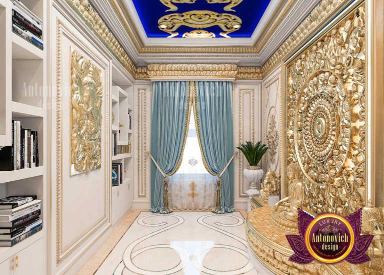 Opulent home shrine featuring gold accents