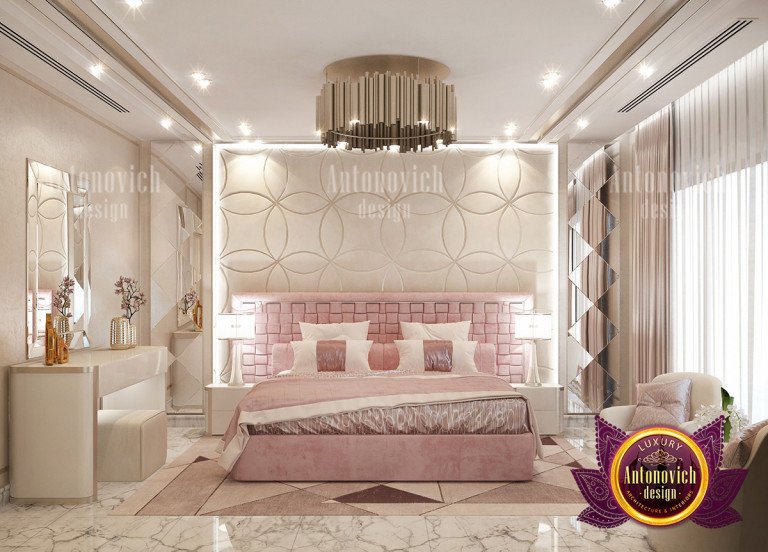 Elegant pink bedroom decor with soft lighting and cozy textiles