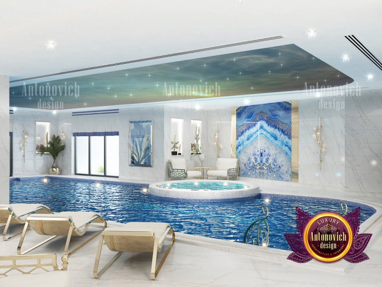 Indoor pool with a stunning mosaic tile design