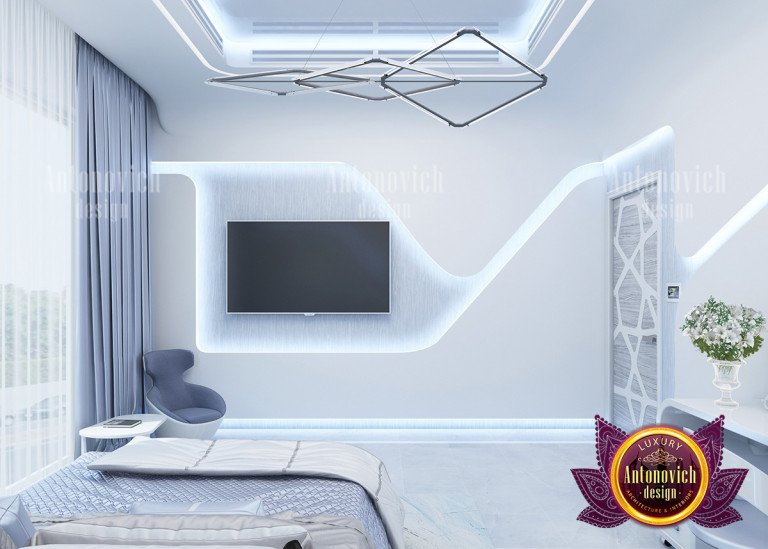 Futuristic bedroom featuring a holographic wall and smart technology