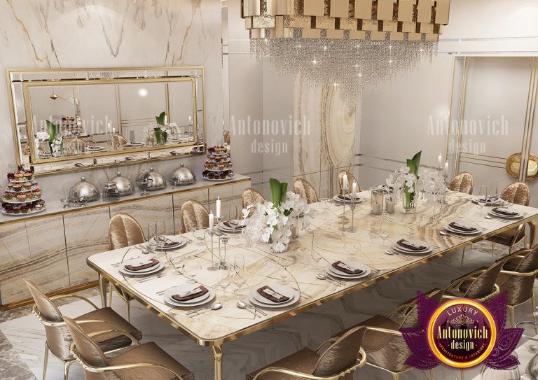 Elegant gold and brown dining room with chandelier