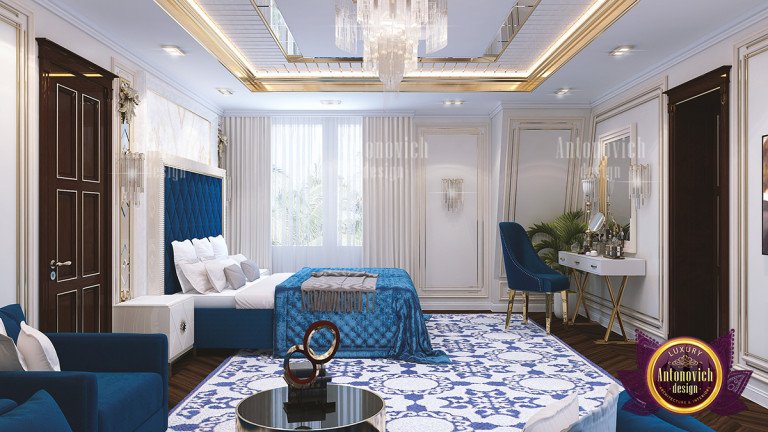 Sophisticated blue bedroom with stylish chandelier
