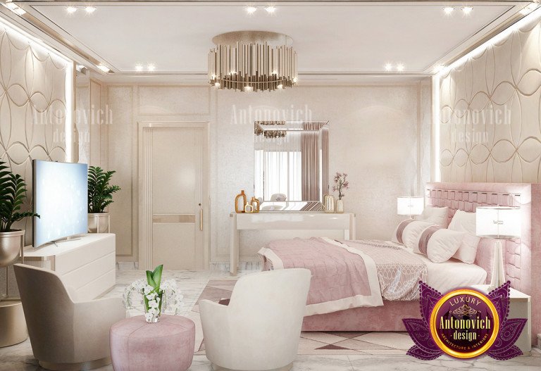 Stylish pink bedroom set with coordinating furniture and accessories