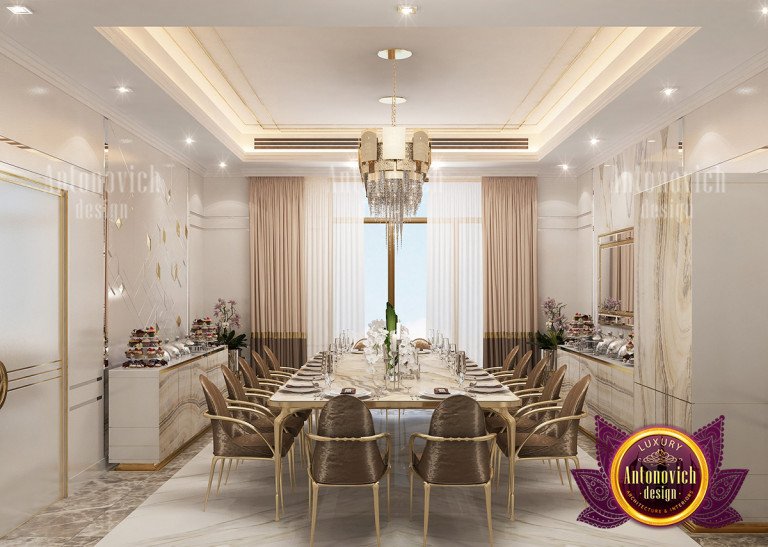 Chic gold and brown dining room with patterned wallpaper