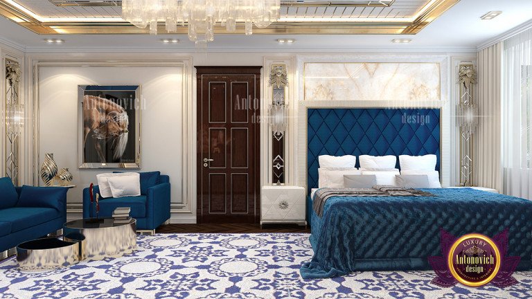 Luxurious blue bedroom with velvet accents