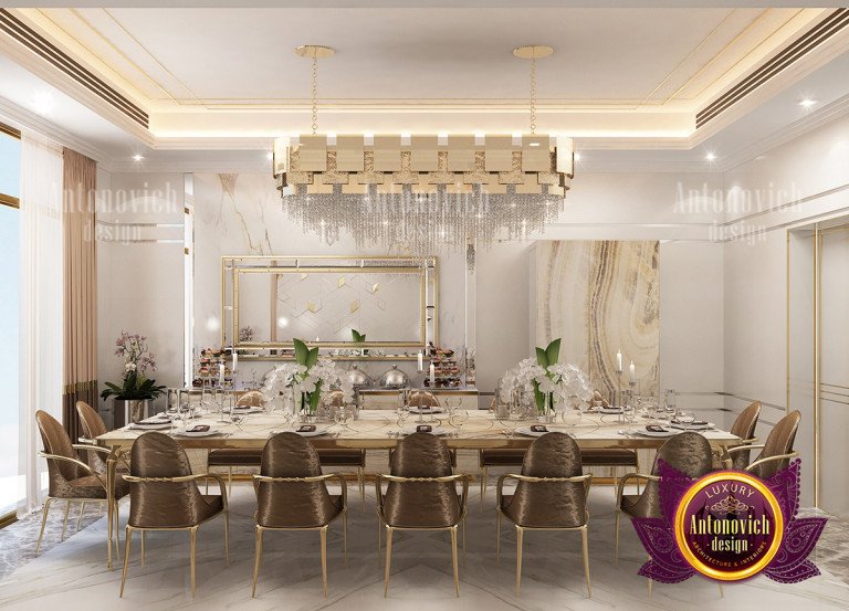 Luxurious gold and brown dining room with plush seating