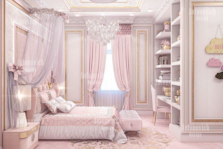 Opulent kids' bedroom with plush bedding and stylish furniture