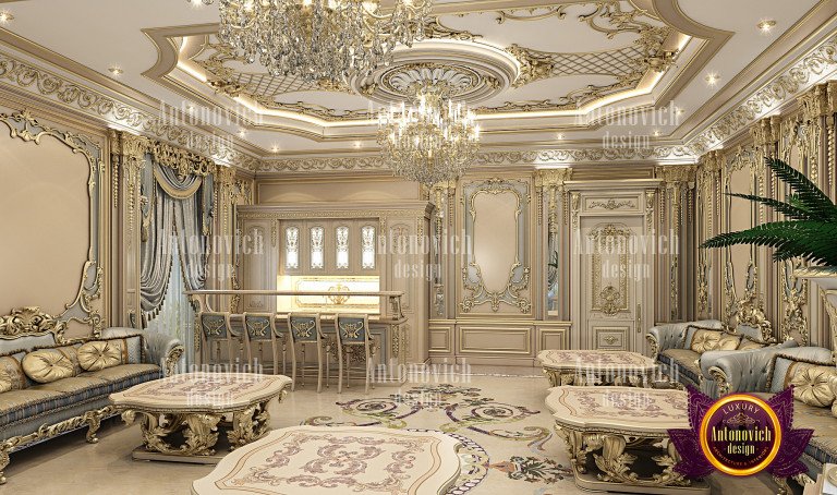 Elegant hallway with statement chandelier and marble flooring