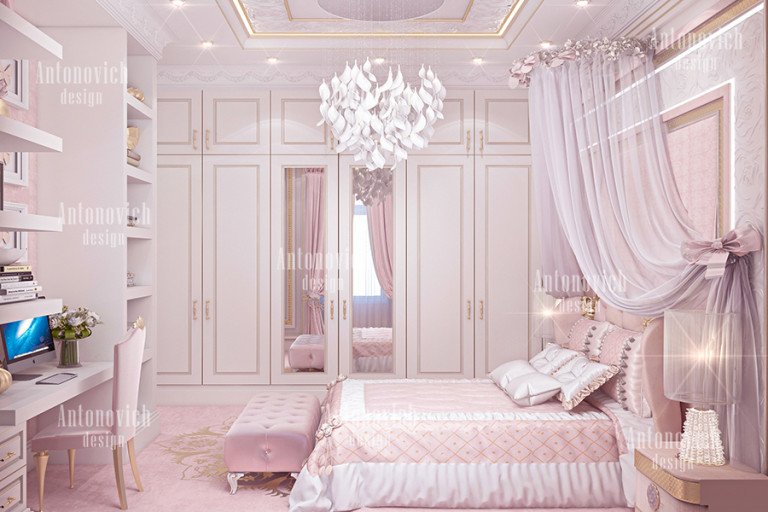Luxurious children's room with a unique bed design and lavish decor