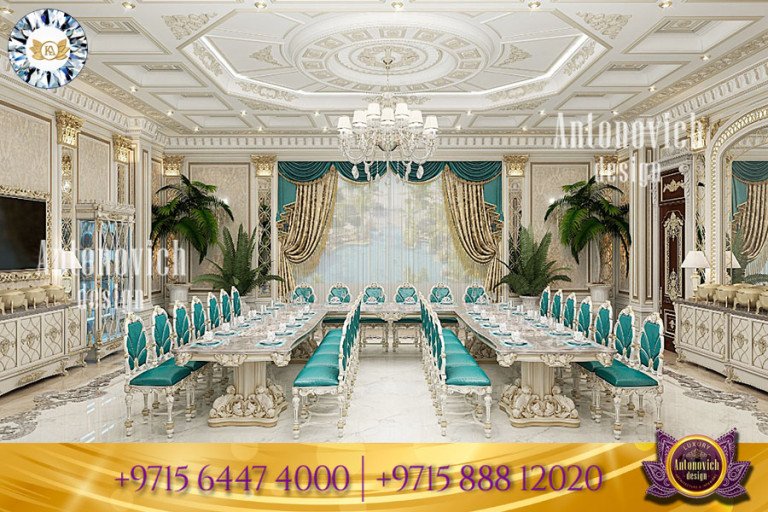 Elegant classical dining room with luxurious chandelier