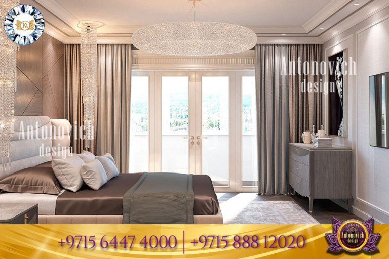 Glamorous bedroom with a breathtaking view and lavish furnishings