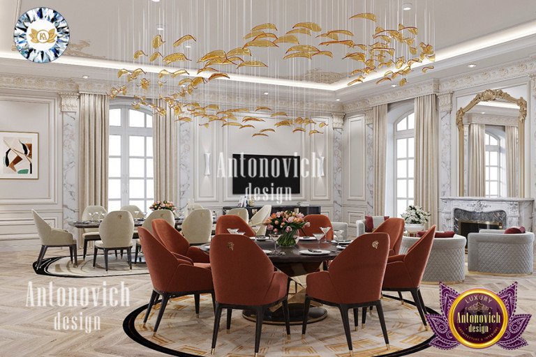 Elegant luxury-modern dining room with statement chandelier