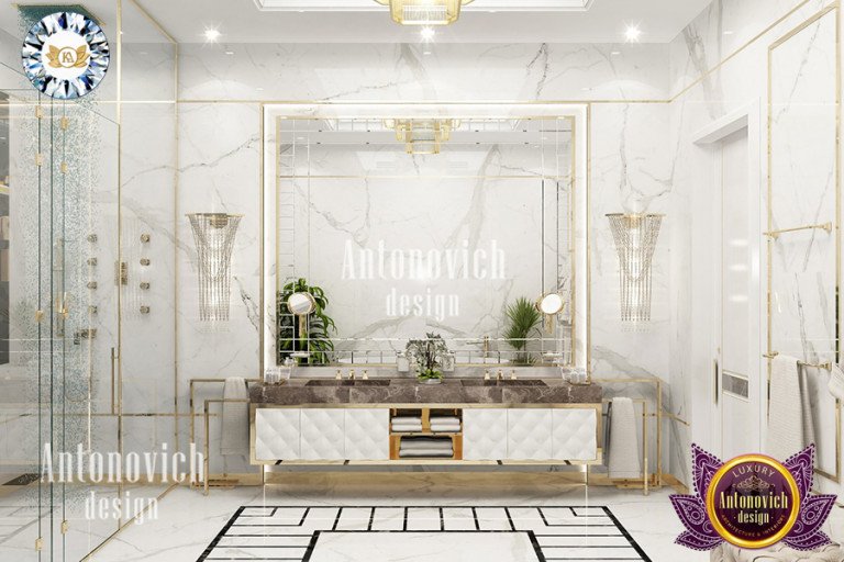 Stunning chandelier and ceiling design in Antonovich bathroom