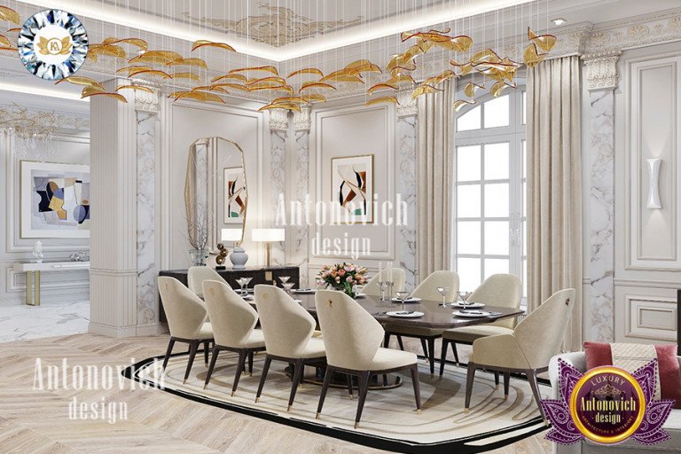 Sophisticated dining room featuring bold artwork and lighting