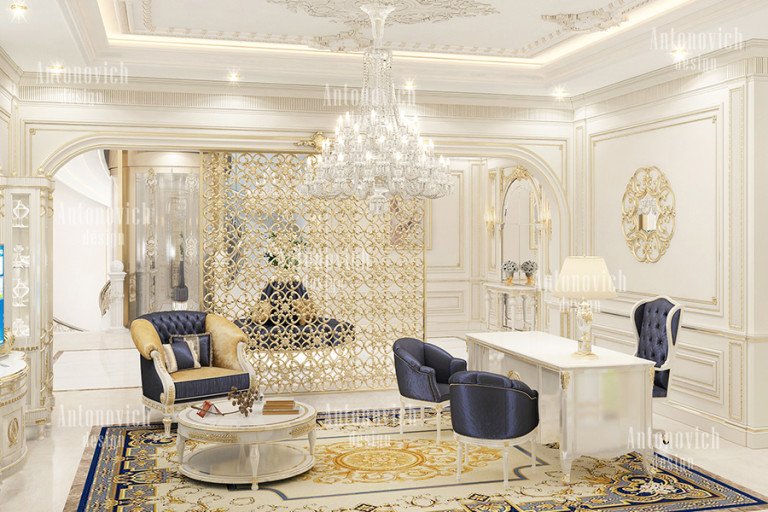 Opulent living room with classic interior design in Dubai