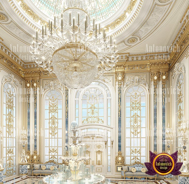 Elegant living room with modern chandelier in Abu Dhabi luxury villa