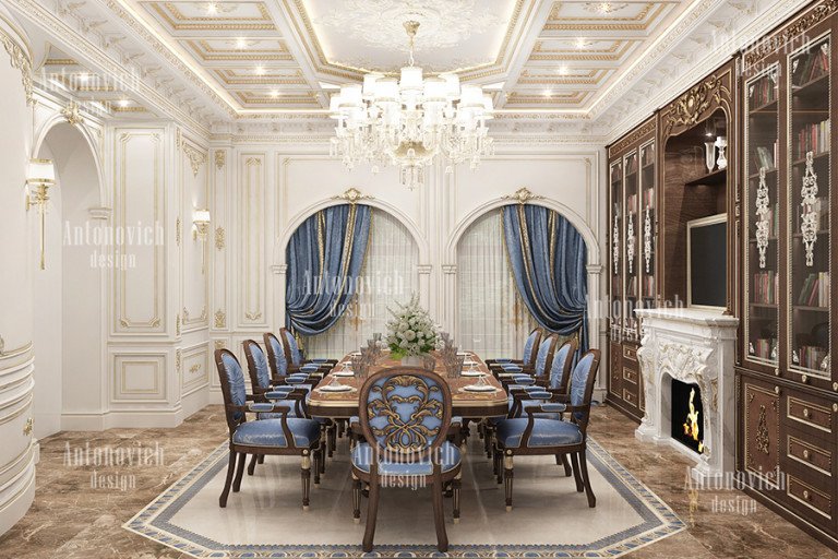 Dubai-inspired dining room with plush velvet chairs