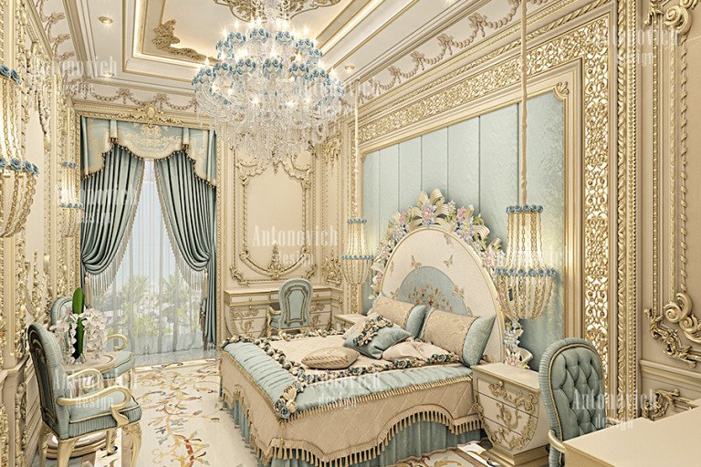 Elegant bedroom design with plush bedding and stylish decor