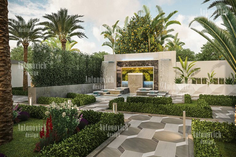Luxurious outdoor living space with modern furniture and lush greenery