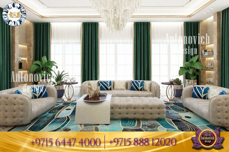 Modern luxury living room featuring floor-to-ceiling windows and sleek furniture