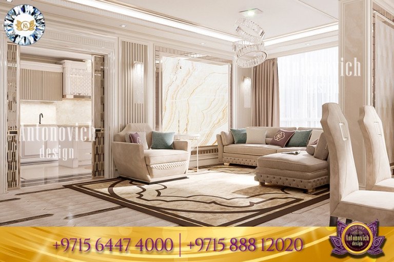 Elegant living room with lavish chandelier and plush seating