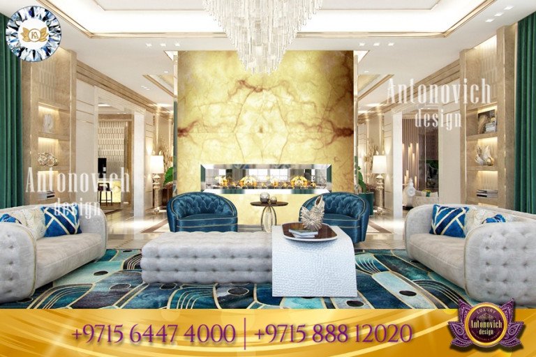 Elegant living room with plush velvet sofas and gold accents