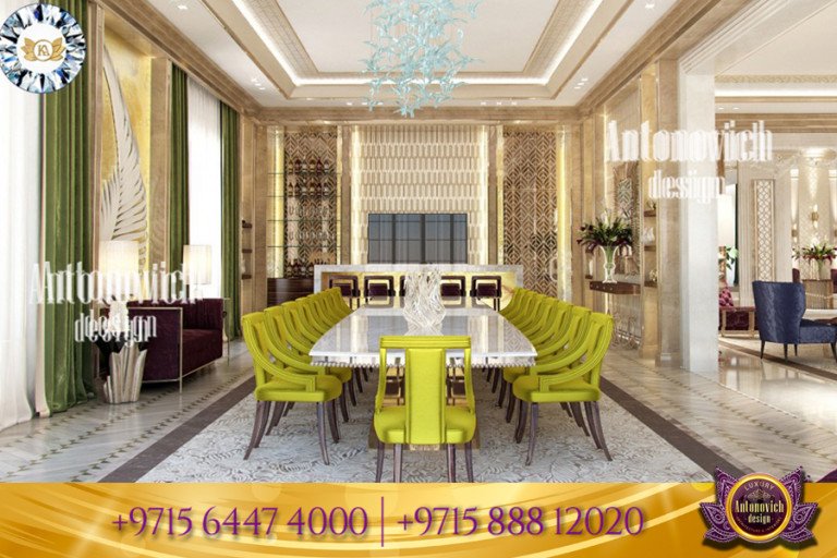 Sleek and stylish modern dining room with statement lighting