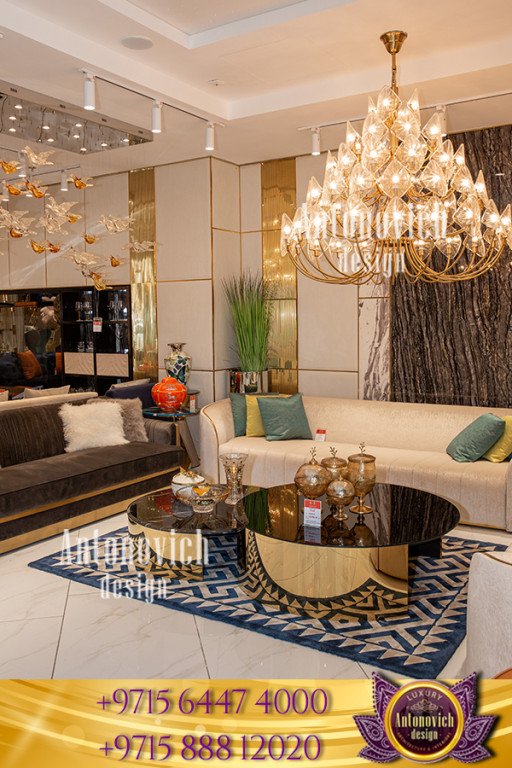 Elegant living room setup in Dubai's luxury furniture showroom