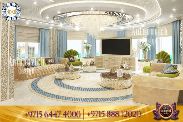 Elegant living room with plush velvet sofas and crystal chandelier