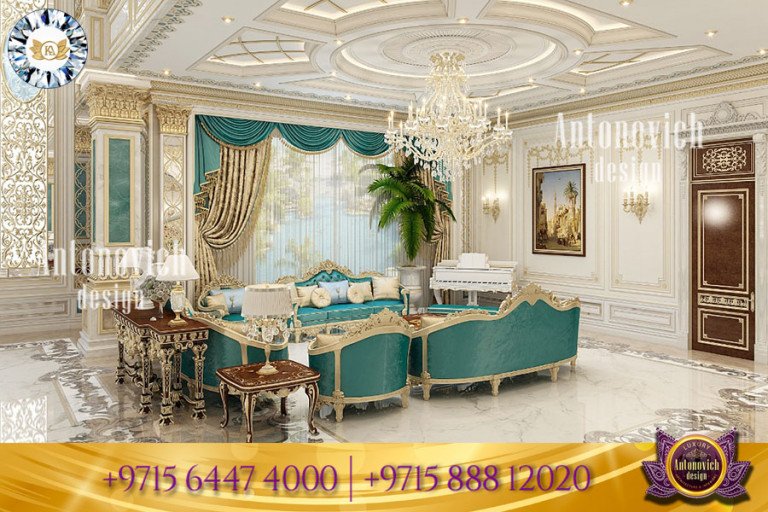 Stunning classic luxury living room with opulent chandelier