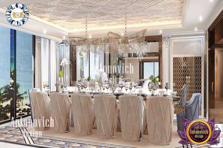 Katrina Antonovich's sophisticated dining room with plush seating and lavish décor