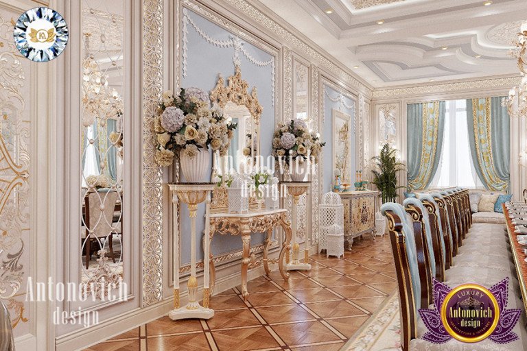 Stunning palace dining area with majestic chandelier and lavish furnishings