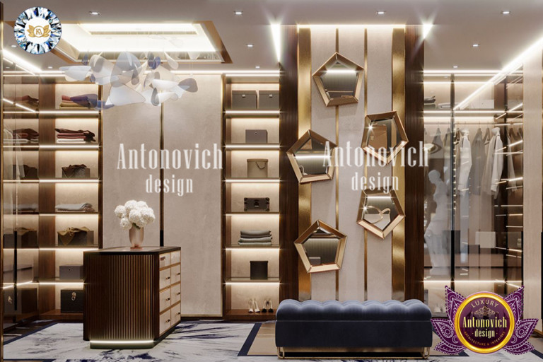 Classy wardrobe interior featuring a stunning chandelier