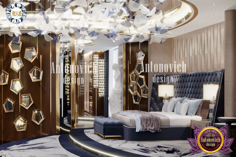 Elegant master bedroom with intricate ceiling design