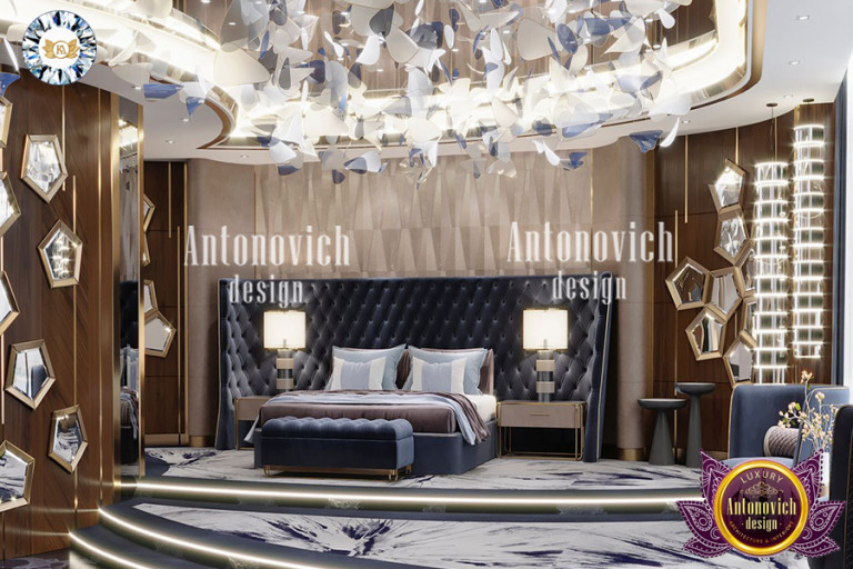 Sophisticated master bedroom with exquisite lighting fixtures