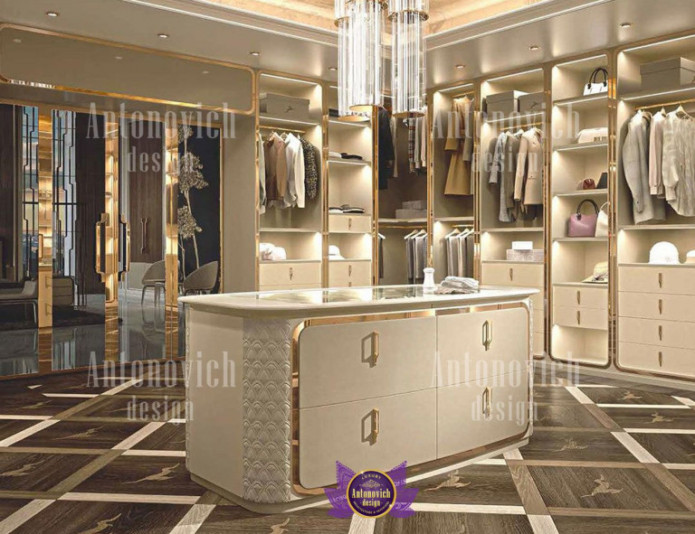 Elegant walk-in closet with stunning chandelier