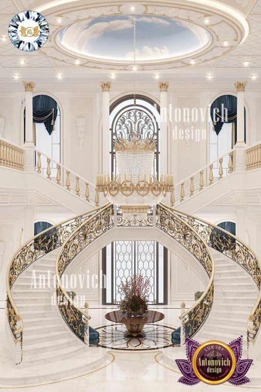 Exquisite marble staircase with intricate gold railings by Luxury Antonovich Design