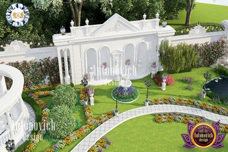 Breathtaking palace garden with lush landscaping and water features